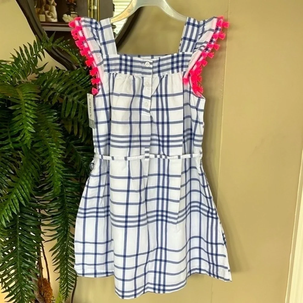 Brand New Carter’s White Blue Plaid Dress w/ Pink Tassels Tie Waist Lined Casual